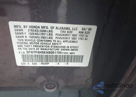 2010 Honda Pilot Touring from USA, damaged, VIN 5FNYF4H9XAB001199